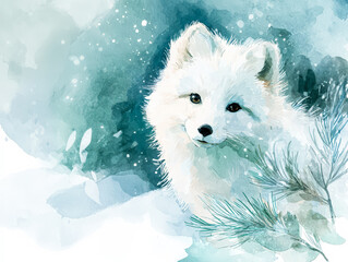 Arctic fox illustration with winter scenery and soft colors for Christmas and New Year concept