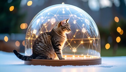 Cat Inside Glass Dome with Lights and Festive Bokeh Background