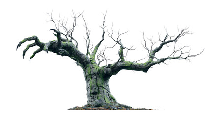 Fototapeta premium Eerie ancient gnarled tree with claw-like branches and mossy trunk evokes Halloween and fantasy themes for chilling projects. Perfect for Halloween Designs