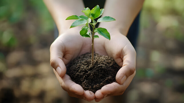 Hands protecting small green sapling tree world kindness day background,generative ai