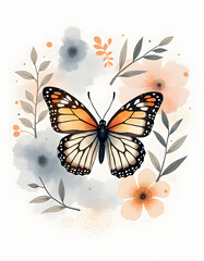 Obraz premium Monarch Butterfly Surrounded by Watercolor Flowers and Foliage