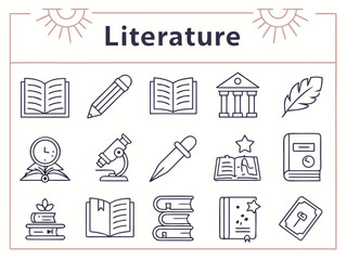 Fototapeta premium Minimal line icons for literature and reading themes