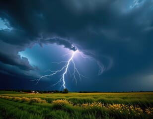 Dark, swirling storm clouds fill the frame, lightning flashes illuminating the ominous, powerful vortex above, cumulonimbus, atmospheric, meteorology