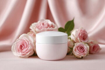 Beauty product mockup featuring a rosewater cream jar surrounded by delicate pink roses on a soft fabric background, creating an elegant and serene atmosphere for skincare enthusiasts