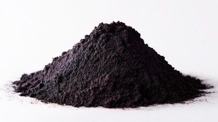 Fine black powder pile on white background for commercial or editorial use