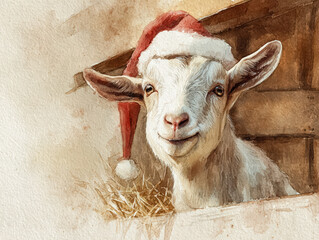 Goat wearing Santa hat in a cozy barn setting, celebrating Christmas and New Year festivities