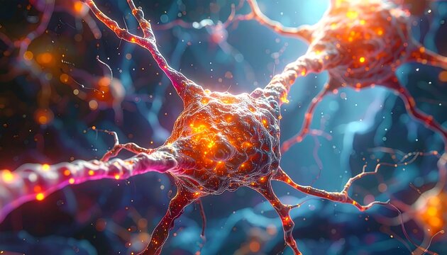 An artistic 3D rendering of a neuron cell with axon and dendrites in detail