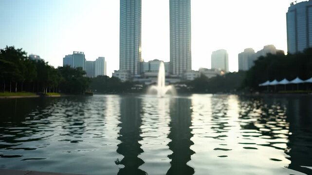 A fountain rises between tall buildings, with the fountain reflecting in the water. Trees line the edges near the fountain, creating a peaceful setting with buildings.
