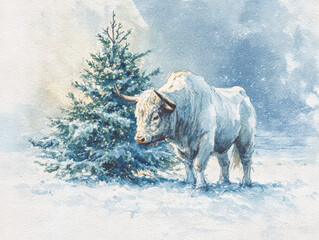 White Highland cow standing beside a snow-covered Christmas tree in a winter wonderland scene