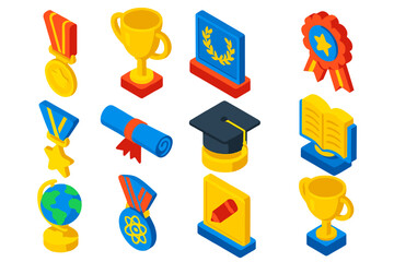 Academic Awards Icons. Isometric vector illustration set Academic awards: graduation medal, academic excellence trophy,
