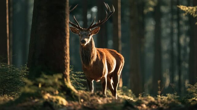 Ultra HD Majestic deer stag standing in a dense forest, looking directly at camera, young deer video, gazelle in the forest video