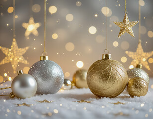 Christmas card - golden Christmas tree balls against a blurred background