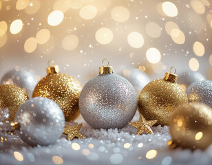 Christmas card - golden Christmas tree balls against a blurred background