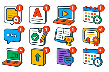 Education Alert Icons. Isometric vector illustration set Education platform notifications: assignment due alert, grade posted, new