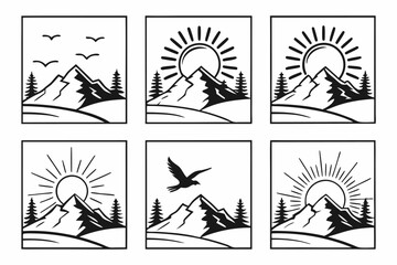 Fototapeta premium Minimalist sunset over mountains icon set
