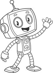 Friendly Cartoon Robot Character  for Kids' Coloring Book, Vector Art Illustration