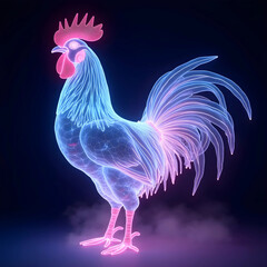 Vector art of neon rooster with glowing outlines and vibrant colors against a dark background