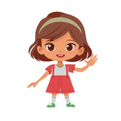 Cartoon vector illustration of a cute little girl in red dress with green shoes, smiling and waving hand, isolated on white background