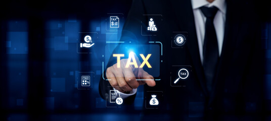 Concept of tax preparation and financial compliance. Filing official tax documents and forms for...