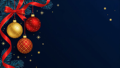 Christmas card - fir branches and Christmas tree balls against a blue background