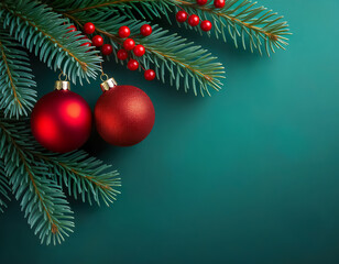 Christmas card - fir branches and Christmas tree balls against a green background