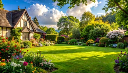 Beautiful House with a Lush Green Garden on a Sunny Day