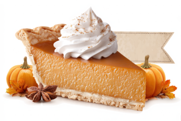 Slice of pumpkin pie with whipped cream garnished with pumpkins and spices perfect for Thanksgiving and autumn celebrations