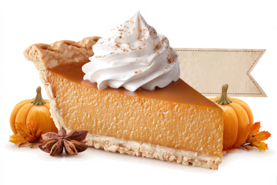 Slice of pumpkin pie with whipped cream garnished with pumpkins and spices perfect for Thanksgiving and autumn celebrations