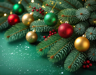 Christmas card - fir branches and Christmas tree balls against a green background