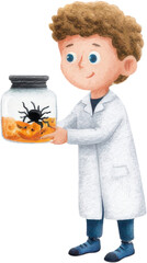 Curious young boy scientist in lab coat smiling while holding glass jar with large black spider for science experiment. Concept of education and discovery