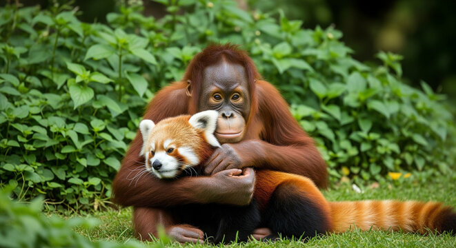 Orangutan hugging a red panda in a grassy area. - Powered by Adobe