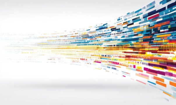 Abstract digital data stream flowing across white background.