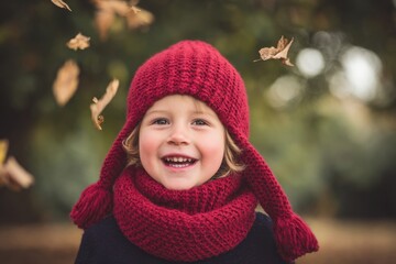 Child wearing a cranberry red knit hat and scarf smiles joyfully while playing outdoors, surrounded by falling leaves, capturing the essence of autumn and childhood happiness