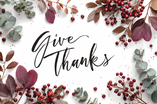 Give Thanks calligraphy with autumn leaves and berries decorative seasonal design for Thanksgiving cards and holiday greetings isolated on white background