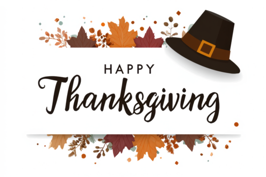 Happy Thanksgiving greeting card with a pilgrim hat and autumn leaves vector illustration for holiday celebrations and seasonal designs