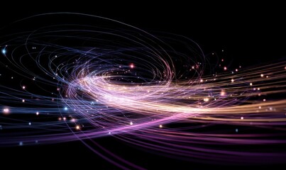 Abstract light trails swirling through space with glowing particles.