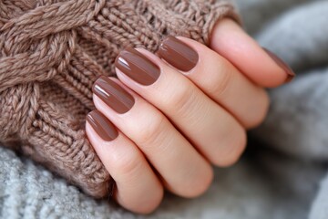 Chocolate brown nail polish applied on medium skin hand, elegantly displayed against a cozy knitted sweater, showcasing a stylish and warm aesthetic for beauty enthusiasts