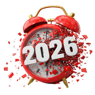 Red alarm clock exploding with confetti showing the year 2026 in bold white numbers isolated on white background