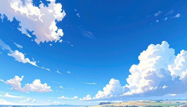Anime-style Blue Sky with White Clouds and Landscape in the Distance