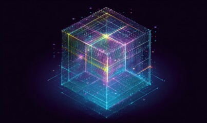 Futuristic digital cube with glowing lines and vibrant colors on dark background.