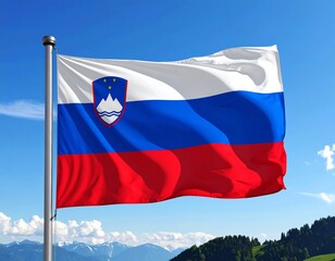 Flag of Slovenia Waving Over Scenic Alpine Mountains in the blue sky 