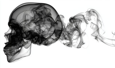 Skull silhouette with smoke, artistic representation of mortality and thought.
