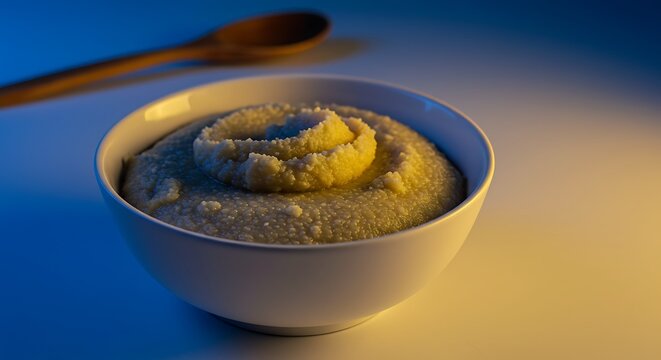 Angolan Funge isolated in a white bowl on a bright surface, creamy funge texture made with corn or cassava flour, blue and yellow lighting highlighting shades