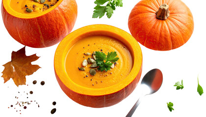 Two halved pumpkins, filled with vibrant orange soup.  Spiced, garnished with seeds and herbs.  Autumnal fall theme