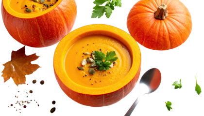 Two halved pumpkins, filled with vibrant orange soup.  Spiced, garnished with seeds and herbs.  Autumnal fall theme