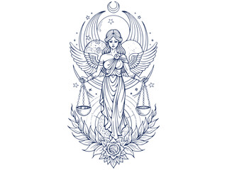 Mystical, Elegant and celestial Libra Zodiac Sign Goddess with Scales of Justice and Astrological Elements, Line art and Silhouette illustration
