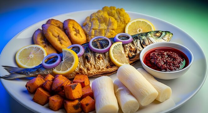Angolan Mufete isolated on a large white plate, grilled fish garnished with onion and lemon, served with banana, sweet potato, cassava and oil sauce