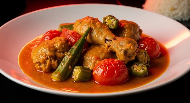 Angolan Moamba de Galinha served isolated in a deep white plate, chicken pieces in moamba (palm oil sauce), okra and tomatoes