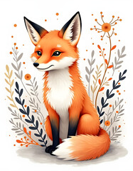 Obraz premium Charming Cartoon Fox in a Floral Setting