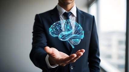 Businessman holding a glowing digital brain in his open palm representing artificial intelligence innovation and technological advancement in business and science